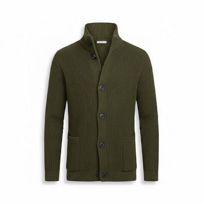 Green Alfredo Gentleman Cardigan – stylish men’s knitwear with standing collar and front pockets
