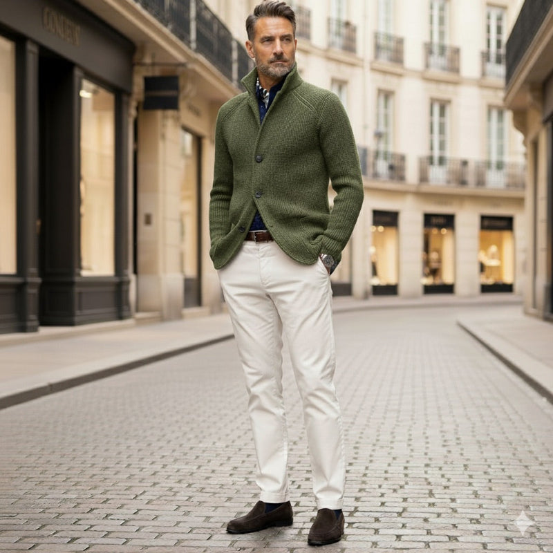 Man in green Alfredo Gentleman Cardigan and light trousers, sophisticated smart casual outfit