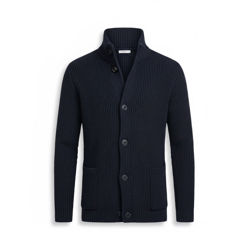 Alfredo Gentleman Cardigan in navy – premium knit men’s cardigan with high collar and buttons, front view