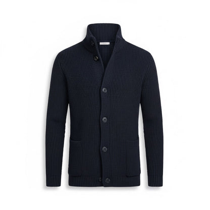 Alfredo Gentleman Cardigan in navy – premium knit men’s cardigan with high collar and buttons, front view