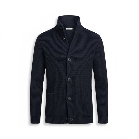 Alfredo Gentleman Cardigan in navy – premium knit men’s cardigan with high collar and buttons, front view