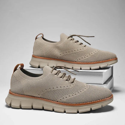 Pair of Alfredo Premium Mesh Sneakers in beige, breathable and elegant casual footwear for men by Polumi.