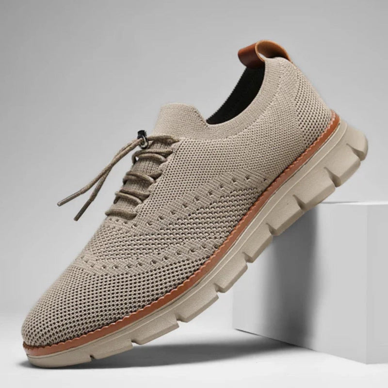Alfredo Premium Mesh Sneakers in beige, lightweight men's lace-up shoes with breathable knit design by Polumi.