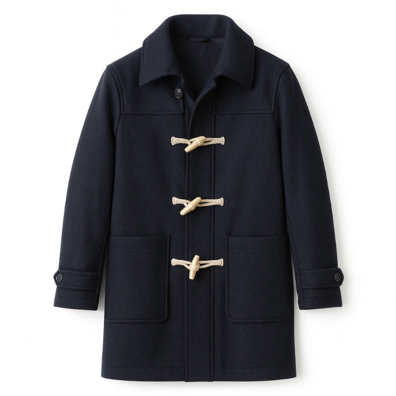 Flat lay of Alfredo Wool Trench Coat in navy – premium men’s wool coat with classic toggle fastening and minimalist tailoring by Polumi.