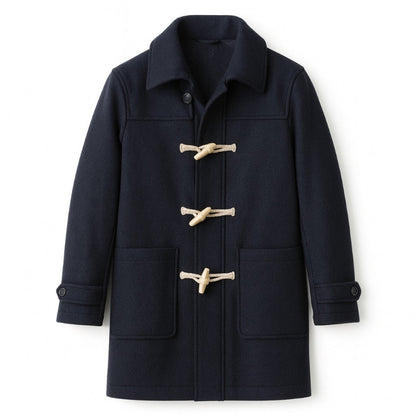 Flat lay of Alfredo Wool Trench Coat in navy – premium men’s wool coat with classic toggle fastening and minimalist tailoring by Polumi.