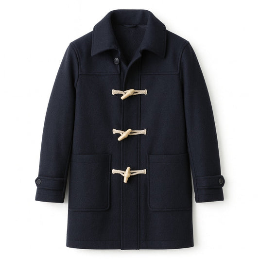 Flat lay of Alfredo Wool Trench Coat in navy – premium men’s wool coat with classic toggle fastening and minimalist tailoring by Polumi.