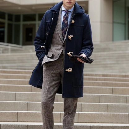 Full outfit view of Alfredo Wool Trench Coat in navy styled with suit and tie – classic men’s outerwear for business and city looks by Polumi.
