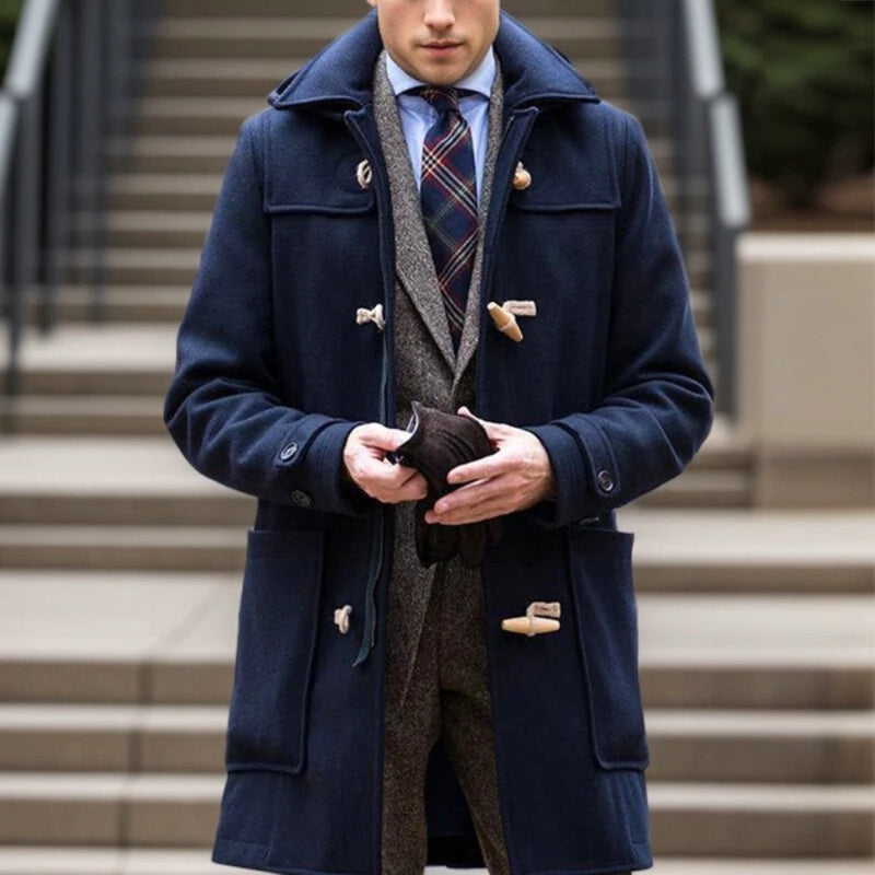 Alfredo Wool Trench Coat in navy – elegant men’s wool coat with toggle buttons, perfect for refined winter style by Polumi.