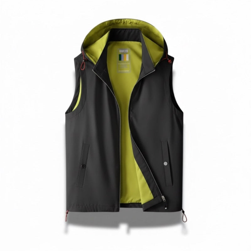 Black Augusto Performance Adapt Vest by Polumi, featuring contrast lime lining and sleek modern fit for everyday comfort.