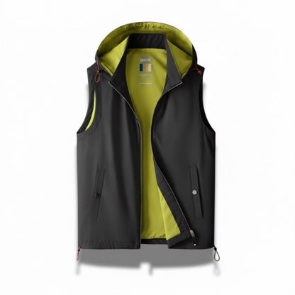 Black Augusto Performance Adapt Vest by Polumi, featuring contrast lime lining and sleek modern fit for everyday comfort.