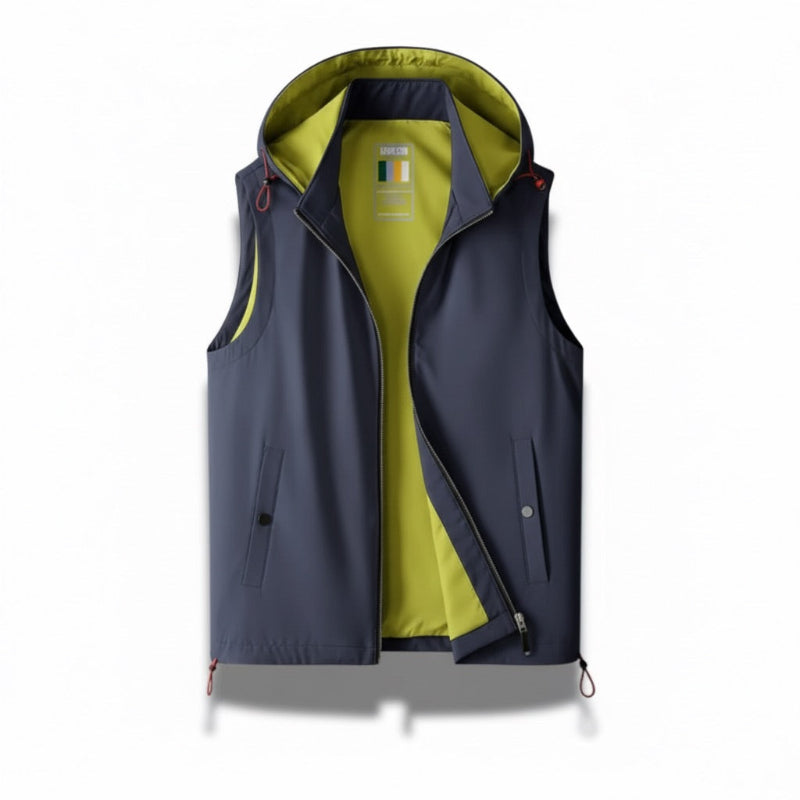 Navy Augusto Performance Adapt Vest for men with hood and lime interior, perfect for active and casual wear by Polumi.