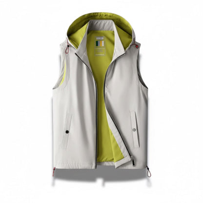 Lightweight white sleeveless hooded vest for men – Augusto Performance Adapt Vest by Polumi, designed for versatility and modern urban style.
