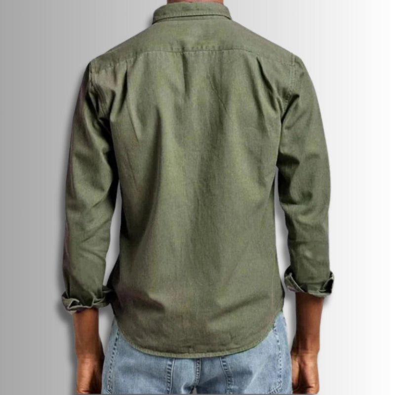 Back Polumi Antonio Modern Casual Shirt in green — relaxed fit men’s shirt crafted from soft cotton-linen blend for effortless everyday style.