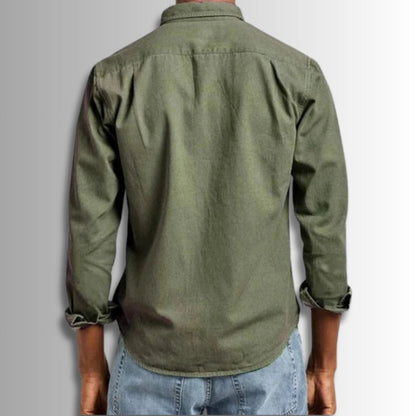 Back Polumi Antonio Modern Casual Shirt in green — relaxed fit men’s shirt crafted from soft cotton-linen blend for effortless everyday style.