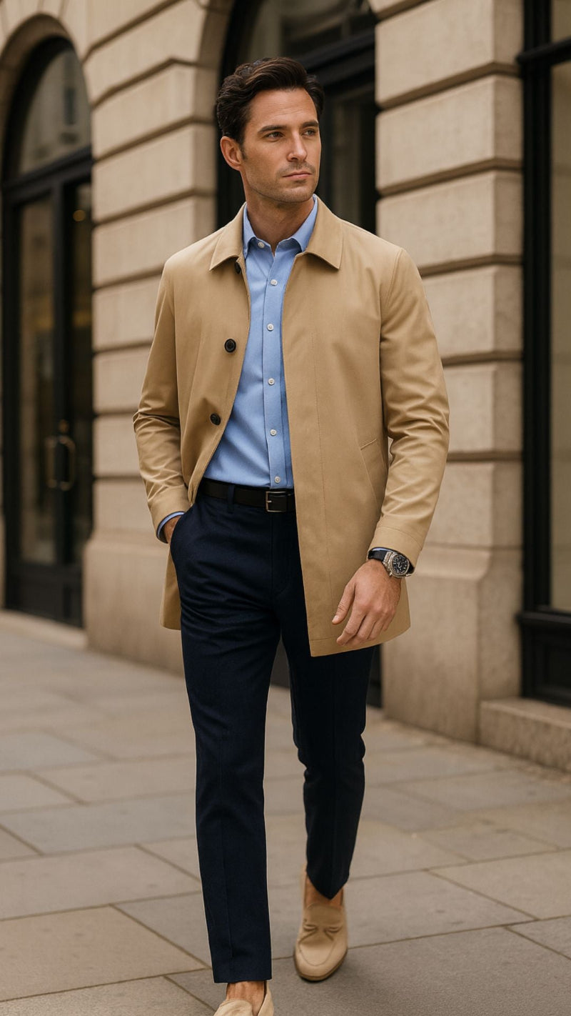 Classic men’s beige coat layered over sky blue shirt with navy trousers and suede loafers — timeless Italian elegance by Polumi.