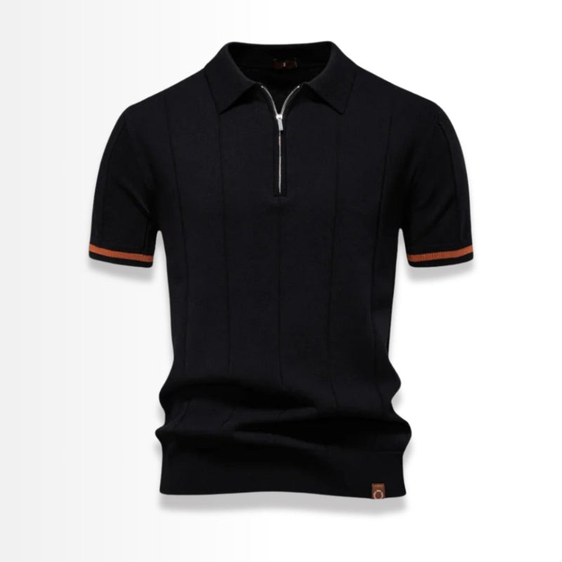 Black knit polo shirt for men with short sleeves and contrast cuff detail.