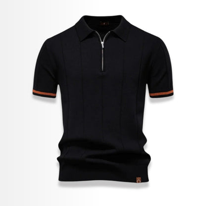 Black knit polo shirt for men with short sleeves and contrast cuff detail.