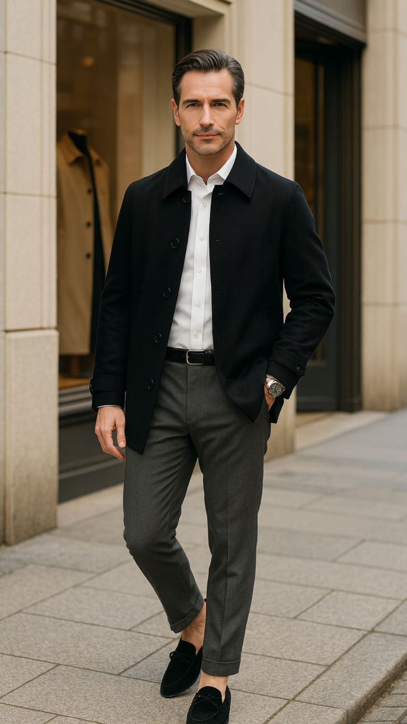 Men’s black coat with white dress shirt and gray trousers — luxury urban smart style for modern professionals by Polumi.