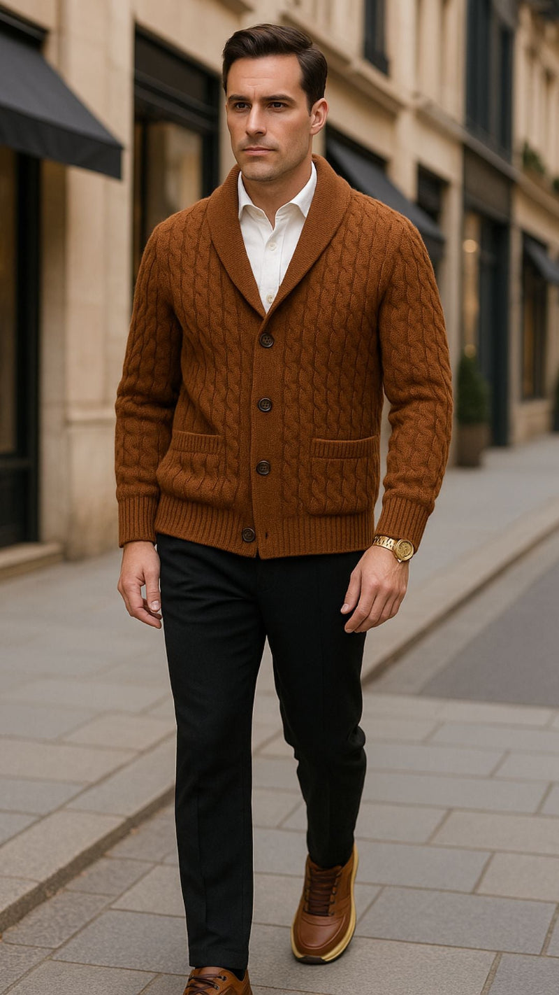 Men’s brown cable-knit shawl cardigan styled with white button-up shirt, black trousers and brown sneakers — premium smart casual fall outfit by Polumi.