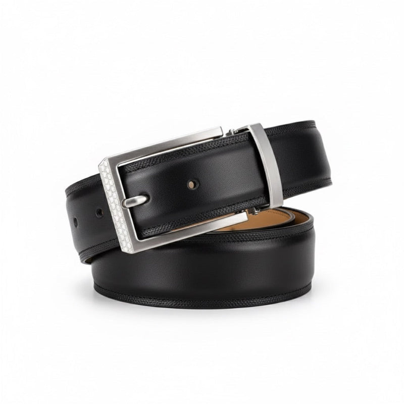 Bruno Premium Leather Belt in Black by Polumi – classic men's black leather belt with polished silver buckle for timeless style