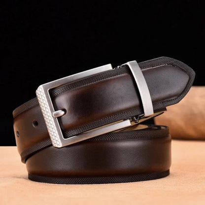 Bruno Premium Leather Belt dark brown – men's dark brown leather belt with silver textured buckle and stitched edges by Polumi.