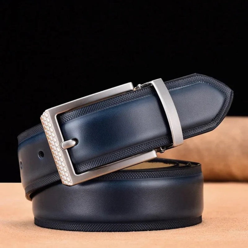 Bruno Premium Leather Belt navy – men's navy blue leather belt with silver metal buckle and textured edge by Polumi.