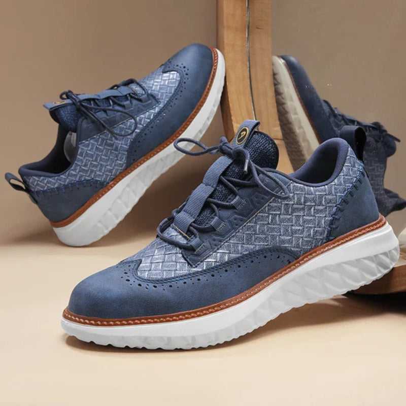 Bruno Ridge Leather Sneakers in blue with woven leather pattern and white sole, elegant and casual men’s shoes