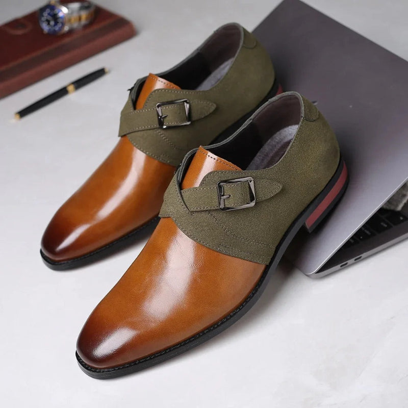 Pair of Bruno Suede Loafers in olive brown placed beside leather briefcase – Polumi men’s luxury loafers.