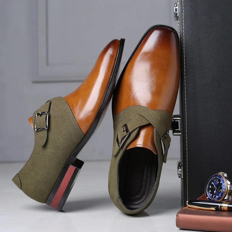 Bruno Suede Loafer in olive brown with polished leather front and suede strap – elegant men’s monk loafer by Polumi.