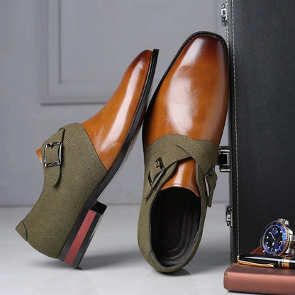 Bruno Suede Loafer in olive brown with polished leather front and suede strap – elegant men’s monk loafer by Polumi.