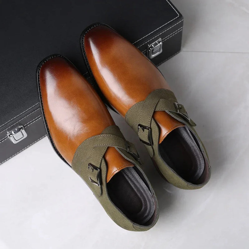 Top view of Bruno Suede Loafer in olive brown featuring double buckle design – Polumi premium formal shoes.