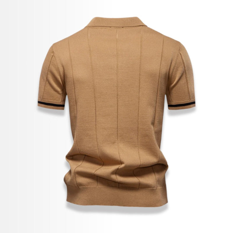 Back view of camel knit polo shirt for men with ribbed hem.