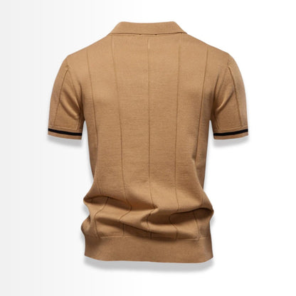 Back view of camel knit polo shirt for men with ribbed hem.