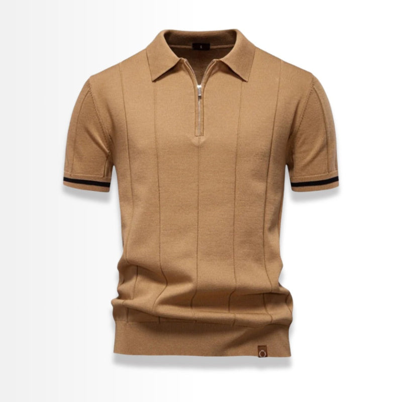 Camel knit polo shirt for men with short sleeves and half zip front.