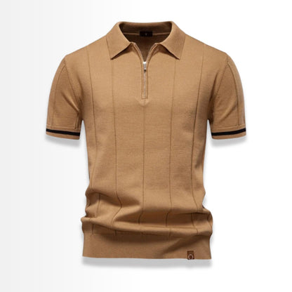 Camel knit polo shirt for men with short sleeves and half zip front.