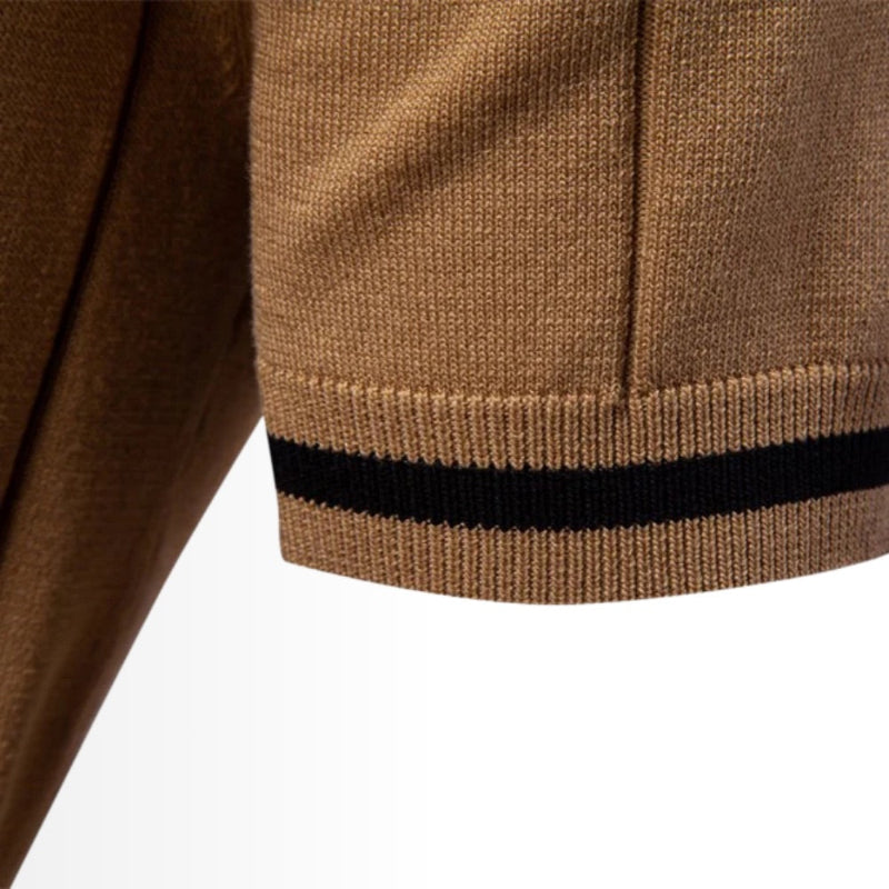 Close-up sleeve detail with black stripe on camel knit polo shirt for men.