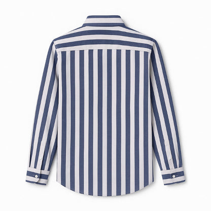 Back view of navy striped cotton shirt for men – elegant Italian fashion