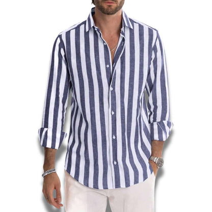 Capri Striped Shirt in Navy – Sophisticated men’s linen shirt with bold vertical stripes for an elegant seaside look.
