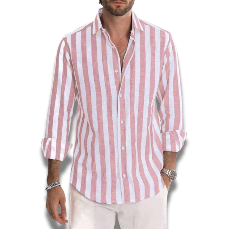 Capri Striped Shirt in Pink – Stylish men’s linen shirt with vertical stripes, ideal for casual summer outfits.