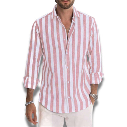 Capri Striped Shirt in Pink – Stylish men’s linen shirt with vertical stripes, ideal for casual summer outfits.