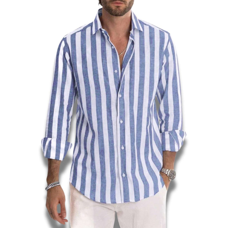 Capri Striped Shirt in Sky Blue – Elegant long-sleeve linen shirt for men with vertical stripes, perfect for summer style.