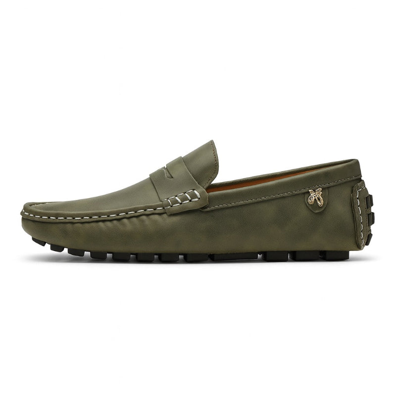 Carlo Alberto Leather Moccasin green – elegant men's driving loafers with flexible rubber sole and refined stitching.