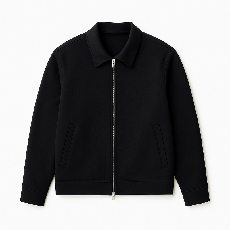 Flat lay of Carmelo Shirt Jacket in black, elegant minimalist men’s wool-blend jacket with full zip front