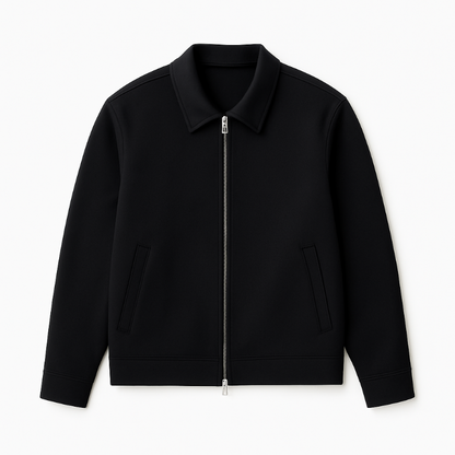 Flat lay of Carmelo Shirt Jacket in black, elegant minimalist men’s wool-blend jacket with full zip front