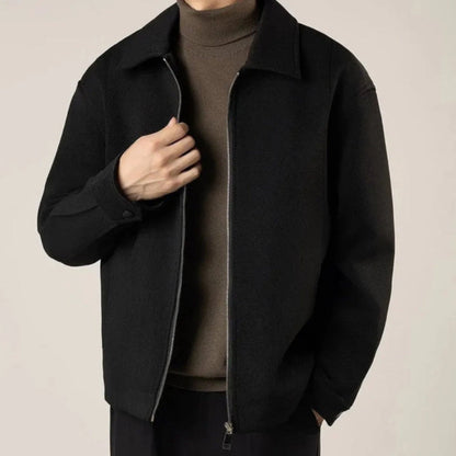Carmelo Shirt Jacket in black, classic men’s minimalist jacket with full zip and soft wool texture
