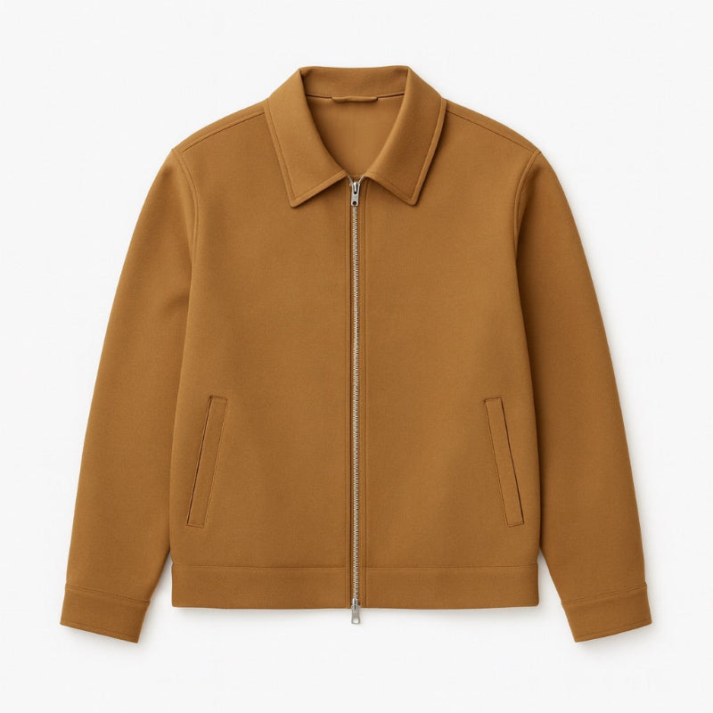 Flat lay of Carmelo Shirt Jacket in brown, minimalist men’s jacket with zipper closure and clean tailored design