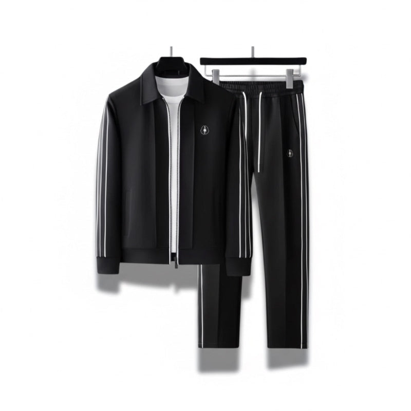 Cesare Premium Tracksuit Set in black – elegant men's tracksuit with white detailing and sleek Italian-inspired fit by Polumi.