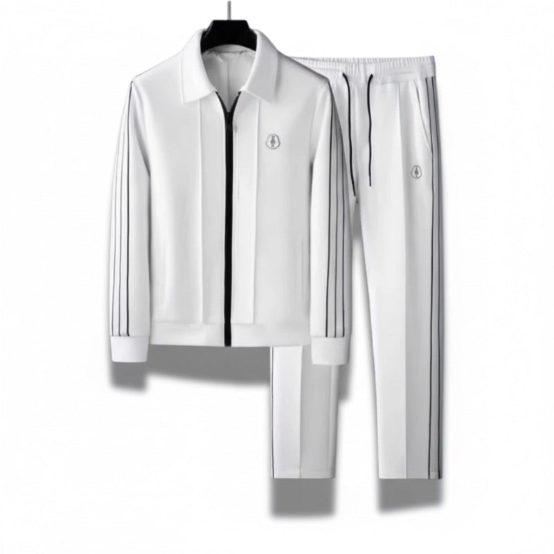 Cesare Premium Tracksuit Set in white – men's modern tracksuit with black side stripes and minimal luxury design by Polumi.