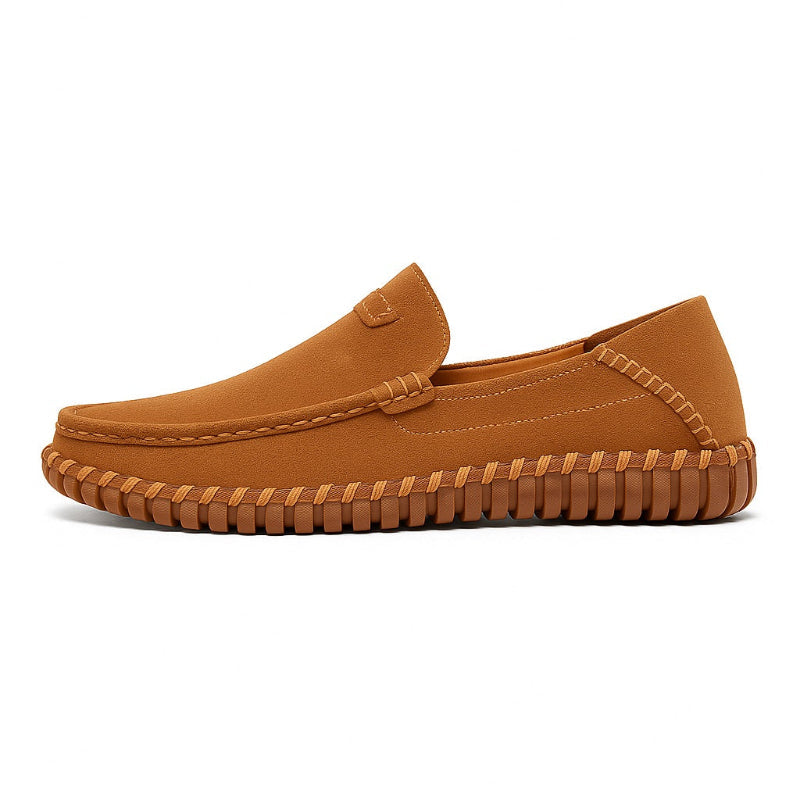 Men’s brown suede loafers by Polumi — casual slip-on driving shoes with hand-stitched detailing and flexible tread sole for everyday comfort and smart casual outfits.