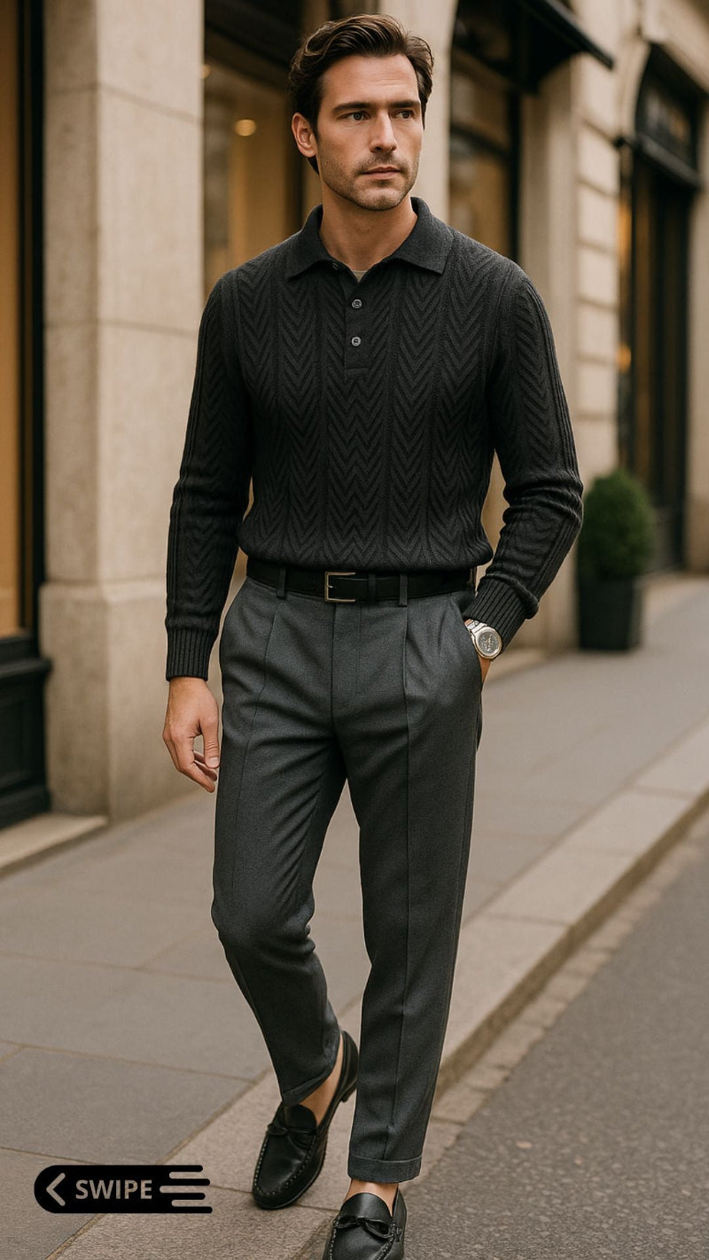 Men’s charcoal knit polo with herringbone texture, gray tailored trousers and black loafers — dark elegant fall look by Polumi.